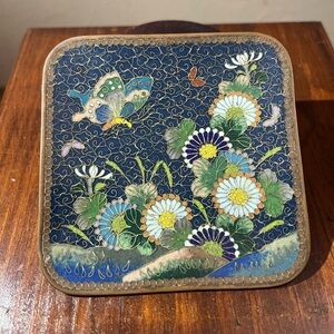 Antique Japanese Meiji cloisonné tray dish handmade enamel brass fine detail